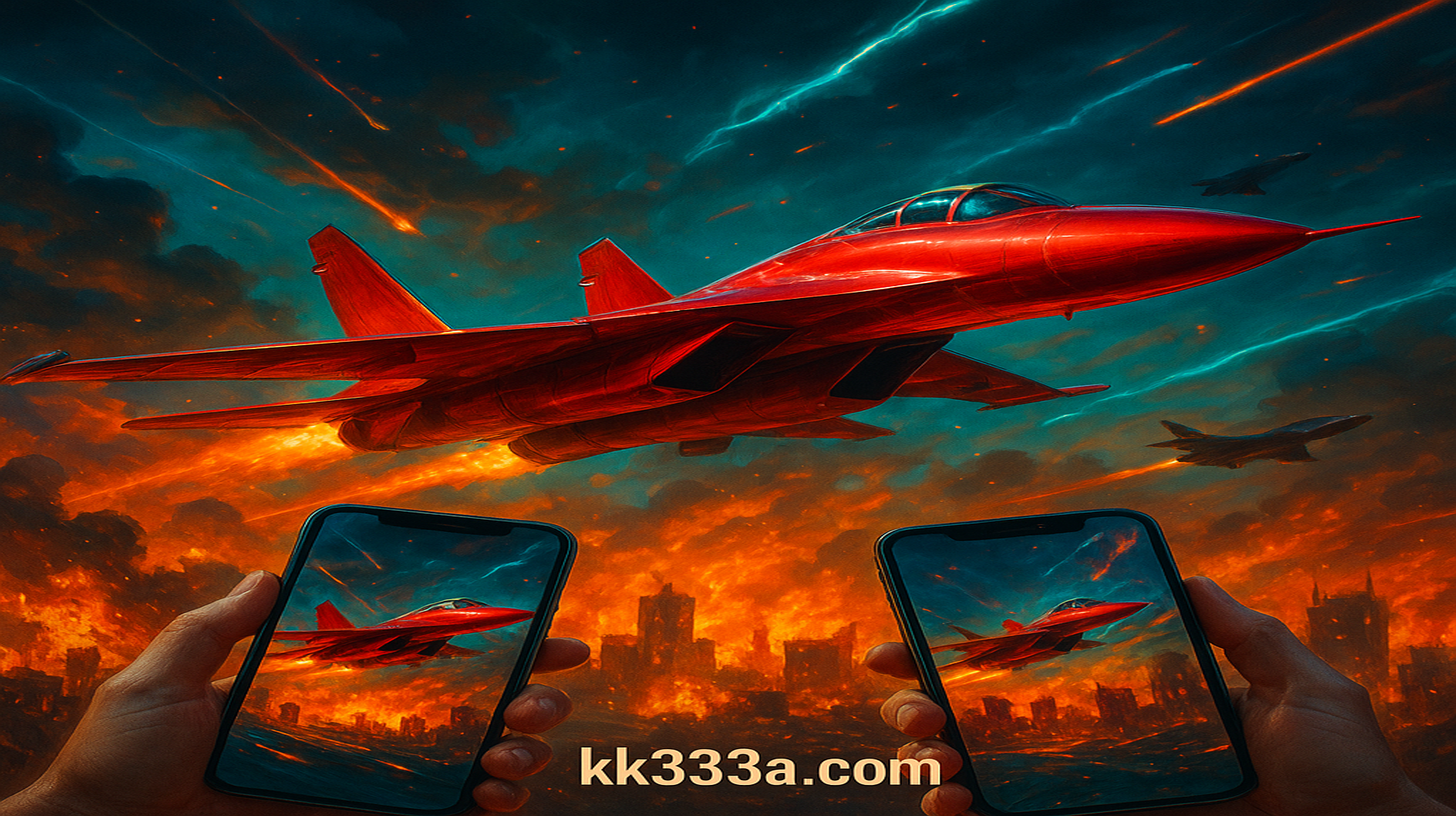 kk333 Aviator-এ একটি লাল জেট শহরটির উপর দিয়ে উড়ে যাচ্ছে, যা গেমটির রোমাঞ্চ প্রদর্শন করছে।