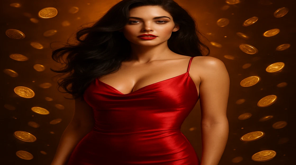 kk333-এ বড় জয়কে প্রতিনিধিত্ব করছেন: সোনালি মুদ্রায় ঘেরা একটি লাল পোশাকধারী নারী।